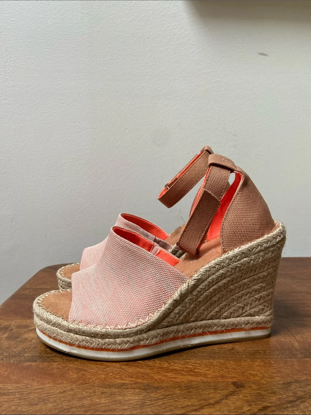 TOMS Pink Canvas Espadrille Wedge Sandals with Tan Ankle Strap